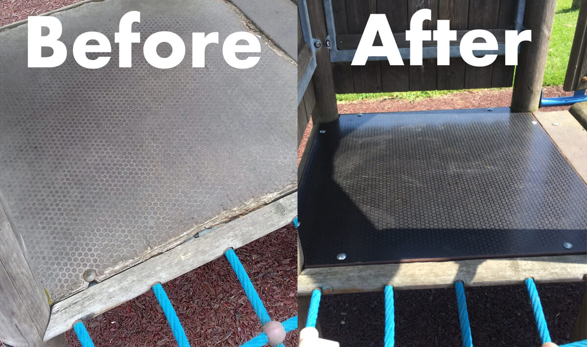 Before and after of a playground climbing frame repair