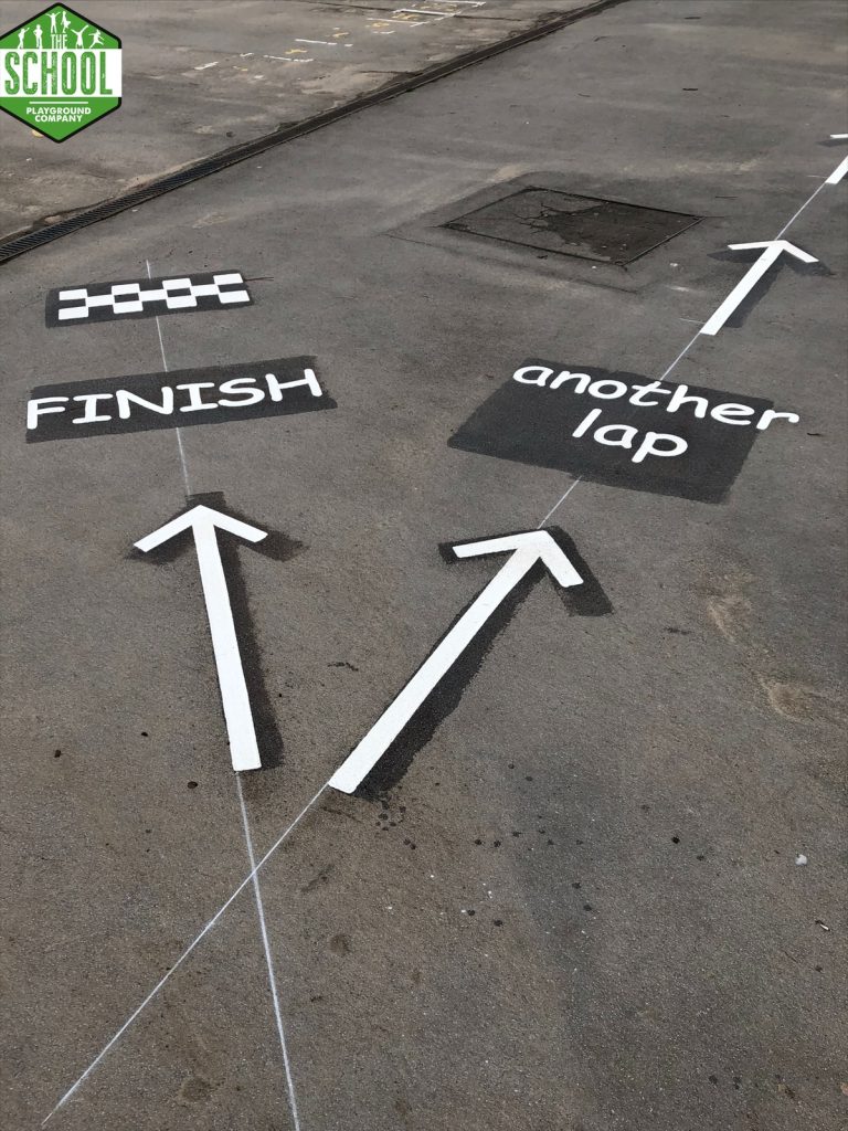 Image of black and white coloured playground markings for a Daily Mile running track on grey paving. One arrow points forwards towards a checked line marked ‘FINISH’ while another arrow points to the words ‘another lap’ written along the track line marked by other arrows