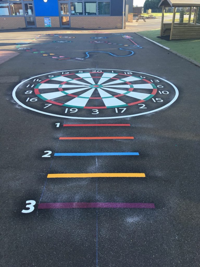 playground markings of a dartboard with throw lines play marking