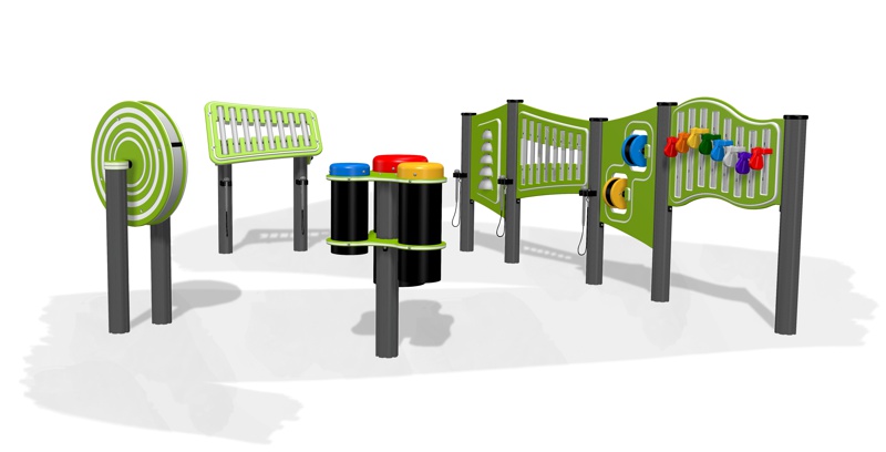 Musical Play Playground Equipment Musical Set 1 Colourful design children's musical play sensory play panels and playground equipment contains bells, spin maracas, cam chimes, bongo tree, shake rattle and roll play panels and tube and flat chimes