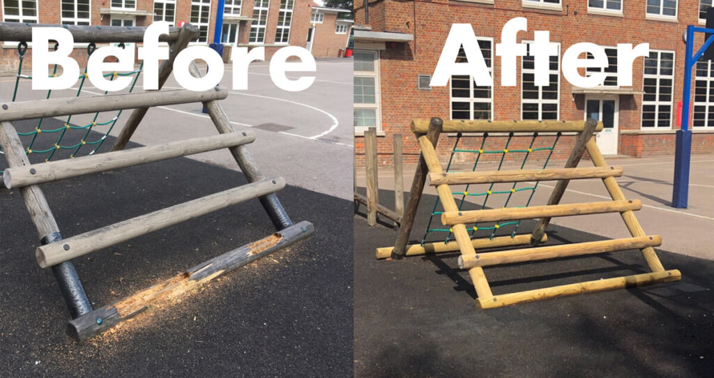 Before and After A-frame trim trail component fixing splintered and faded wooden timbers