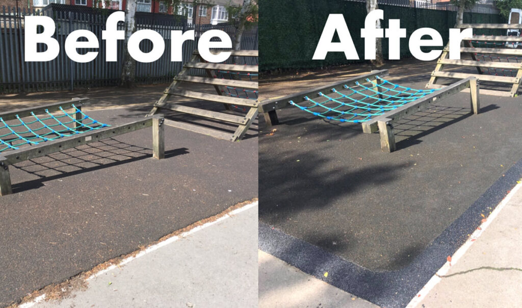 Before and After repairs to rubber safety surfacing with secure non-trip accessible edging