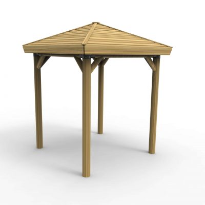 hexagonal open-sided wooden gazebo