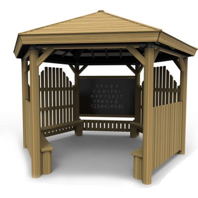 hexagonal semi-enclosed wooden gazebo with benches and sloped roof