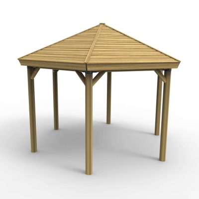 hexagonal open-sided wooden gazebo