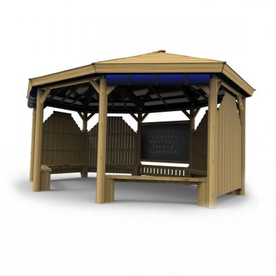 large semi-enclosed wooden gazebo with benches and sloped roof