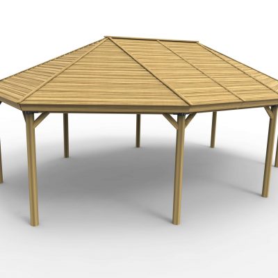 large open sided wooden gazebo with slanted roof
