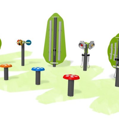 Musical play equipment combination with percussion mushrooms, rotating flower style noise maker and tree chime panels