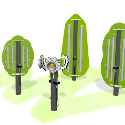 Musical play equipment combination with rotating flower style noise maker and tree chime panels
