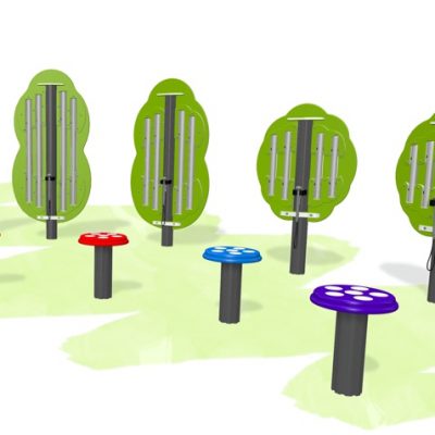 Musical play equipment combination with percussion mushrooms and tree chime panels
