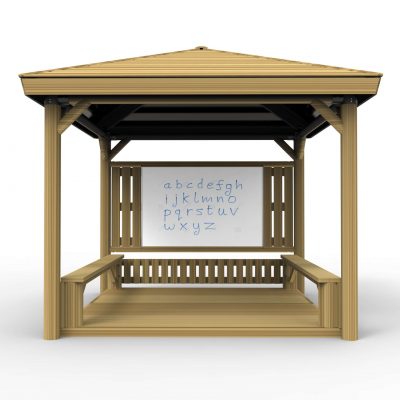 square open sided gazebo shelter with giant white board