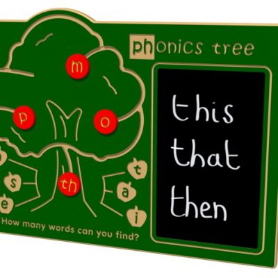 Phonics tree educational play panel with letter guides and chalkboard