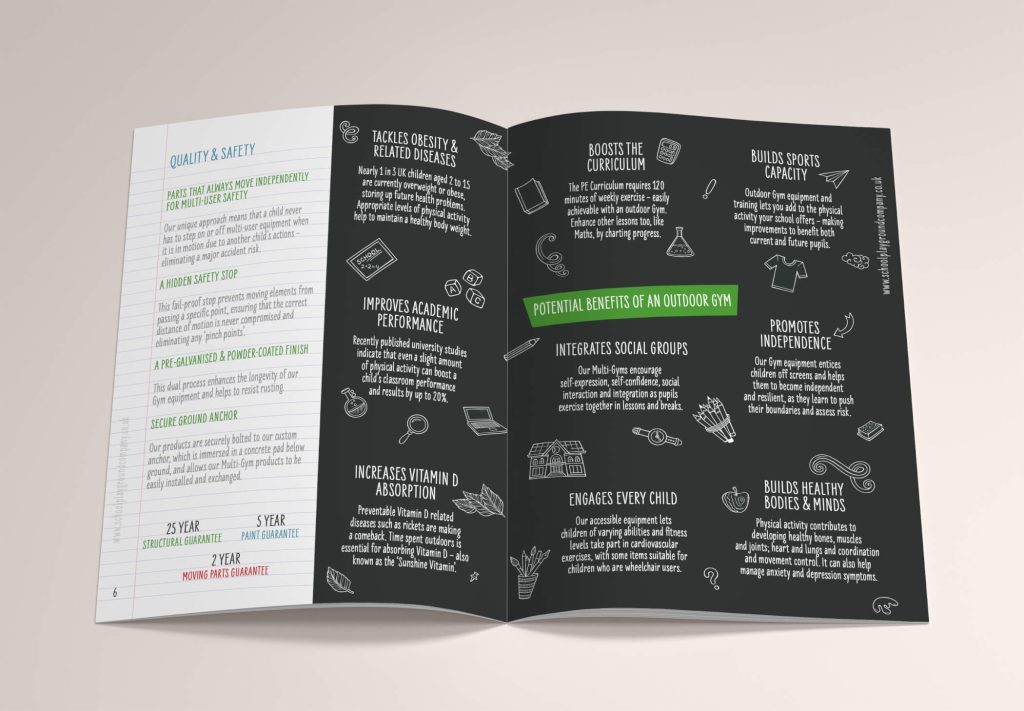 Open page of the school playground company's outdoor gum equipment for kids brochure