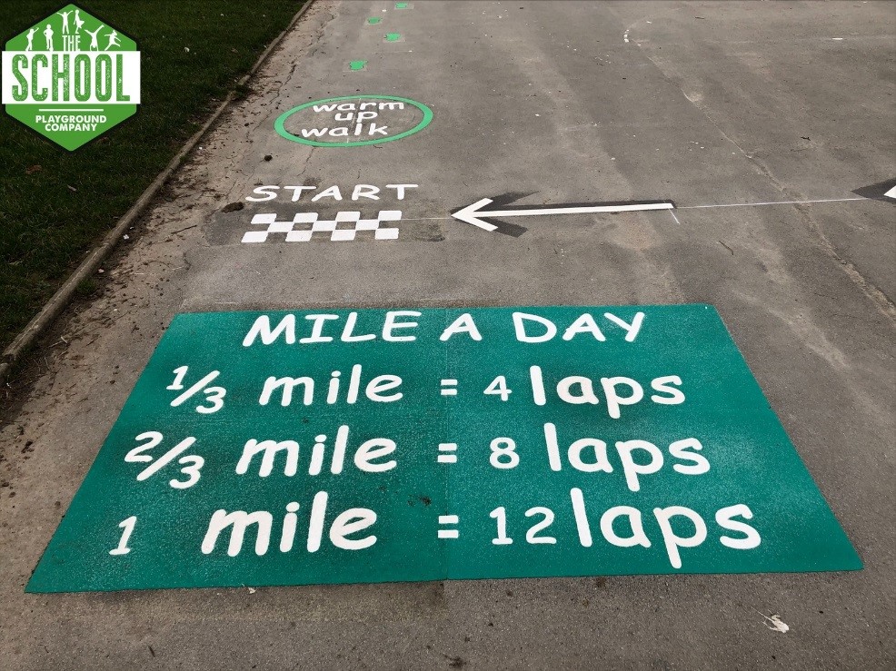 Photograph of school playground markings in green wetpour surfacing and white playground markings perfect for the Daily Mile starting and finishing area. The markings include a white checked starting line, with a marking reading ‘warm up walk’ ahead of it circled in green with green footprint markings, and a white arrow perpendicular to the starting line indicating where one lap would end, there is also a large forest green rectangle with white rounded text reading ‘MILE A DAY 1/3 mile = 4 laps 2/3 mile = 8 laps 1 mile = 12 laps’.