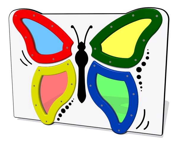 Product image of the School Playground Company’s shatter-proof polycarbonate Sparking Butterfly Play Panel from our sensory play panel range. White and Black main panel with Red, Yellow, Blue and Green HDPE frames and translucent polycarbonate windows in the shape of a butterfly.