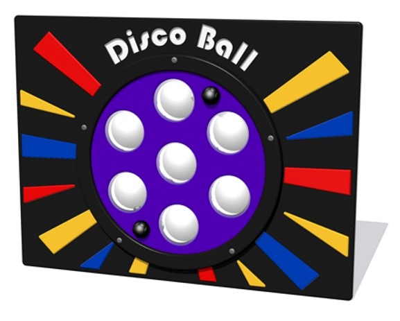 Product image of the School Playground Company’s polycarbonate Disco Ball Play Panel from our sensory play panel range. Black and White main panel with Blue spinning disc, mirrored polycarbonate balls and Red, Yellow and Blue plant-on inserts to form a disco ball.