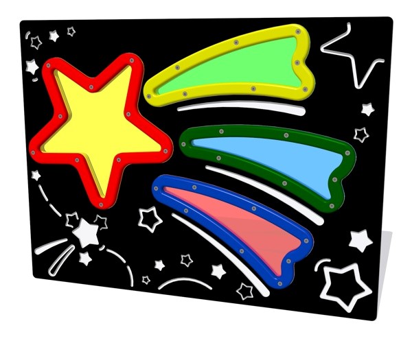 Product image of the School Playground Company’s shatter-proof polycarbonate Starburst Play Panel from our sensory play panel range. Black and White main panel with Red, Yellow, Blue and Green HDPE frames and translucent polycarbonate windows in the shape of a shooting star.