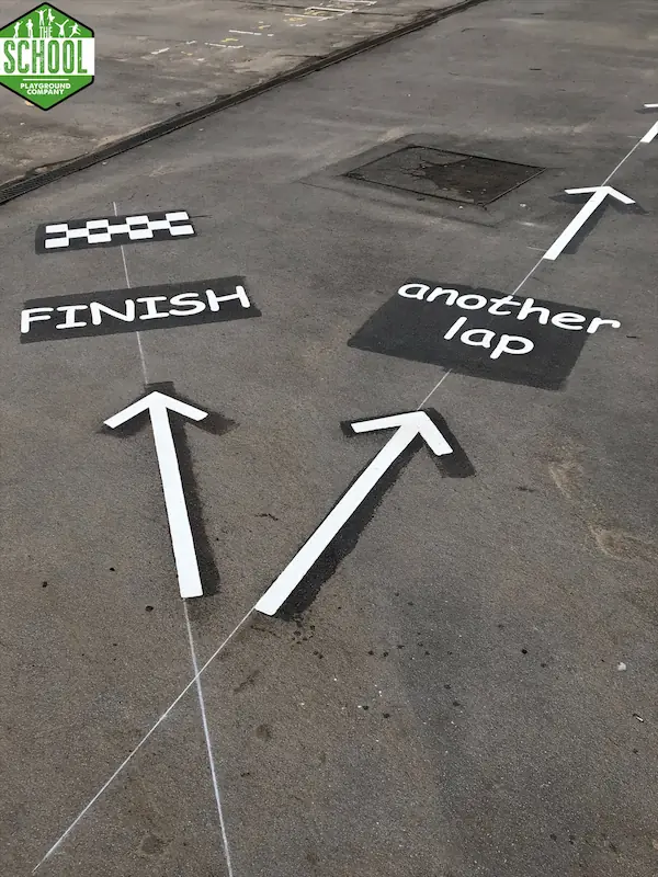 Daily Mile track finish line with another lap option and directional arrows