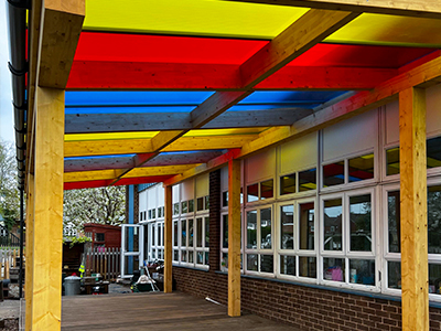 A wooden playground canopy with a bright translucent yellow, red, and blue Perspex panel roof