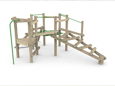 Timber active play structure with clamber stack logs, rope netting and fireman's slide
