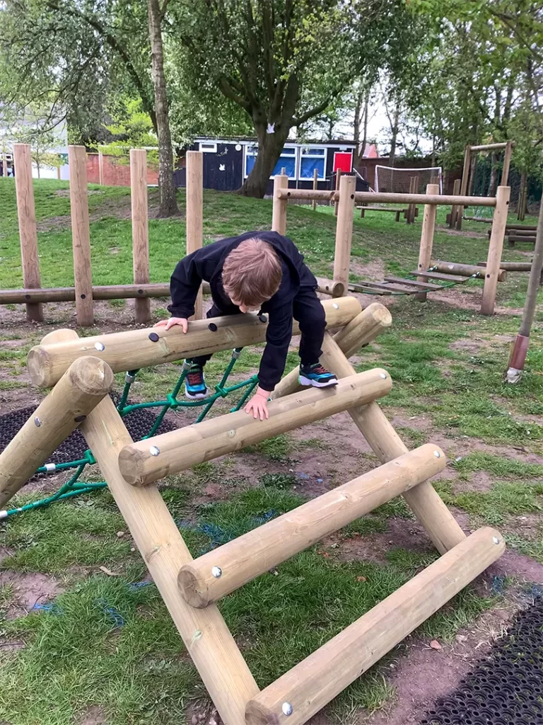 child climbing A frame wooden play panel component