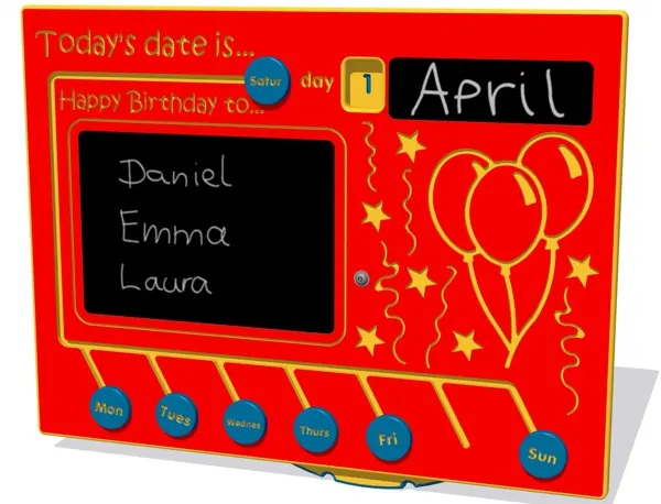 Date learning educational play panel with chalk board elements