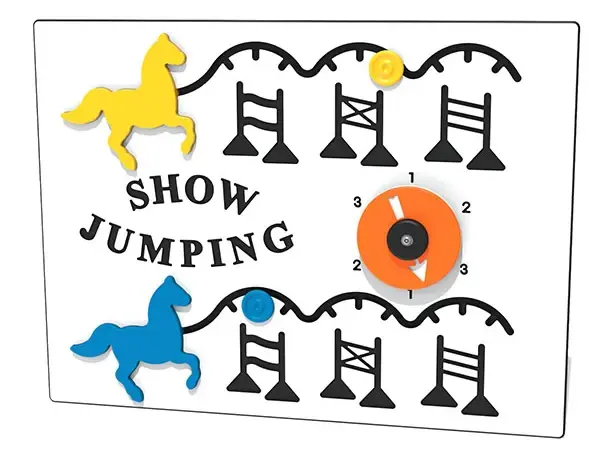 Show jumping play panel with yellow and blue horses, movable markers nd dial scoreboard