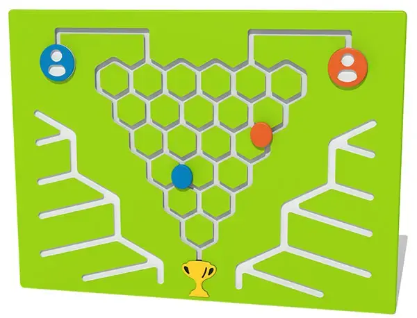 Honeycomb challenge competitive tactile play panel with blue and red counters