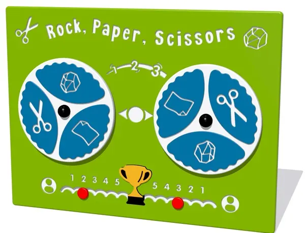 Rock, Paper, Scissors Play Panel with 2 selection wheels and movable score counter