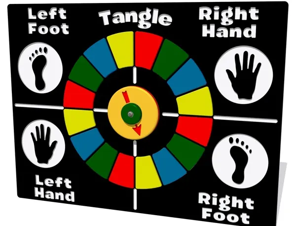 Tangle play panel with colour wheel spinner and left foot, right hand, right foot, and left hand directions