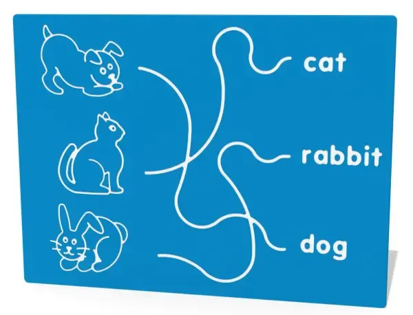 Animal name maze play panel with cat, rabbit, and dog