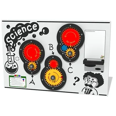 Science gear play panel, 3 series of coloured gears labelled A, B, C