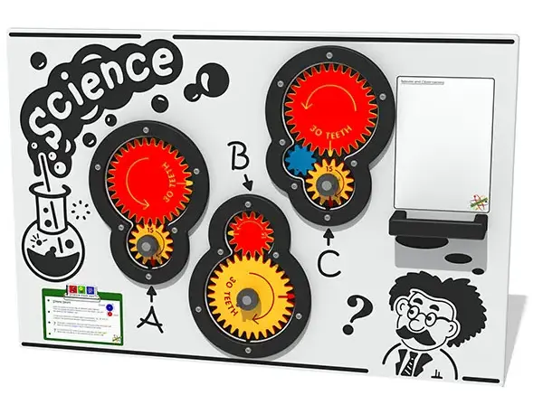 Science gear play panel, 3 series of coloured gears labelled A, B, C