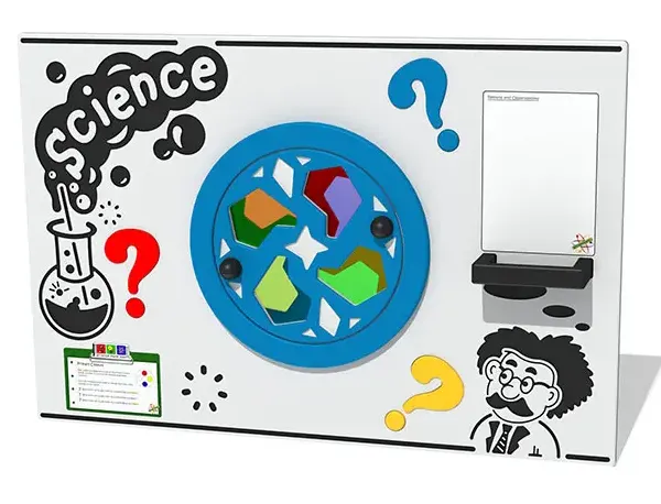 Science education play panel with tactile wheel colour-based element