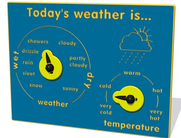 Weather education play panel blue background with tactile dial elements