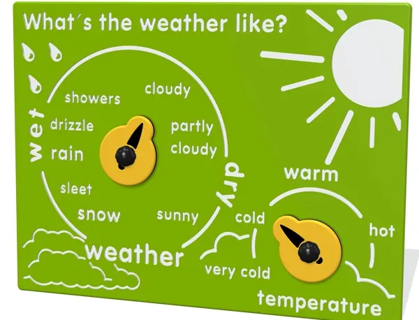 Weather education play panel green background with tactile dial elements