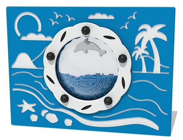 Ocean and dolphin sensory play panel with blue ball bearing elements and tactile wheel