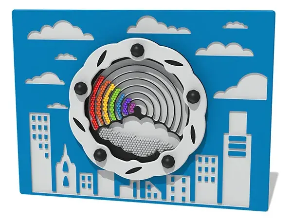 Rainbow sensory play panel with colourful ball bearing elements and tactile wheel