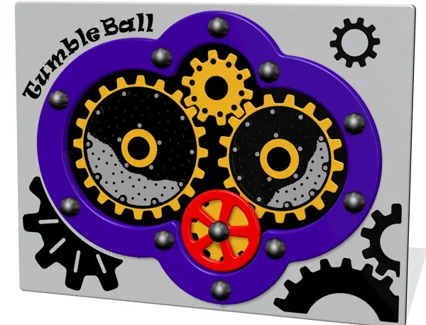 Tumble ball sensory play panel with tactile wheel and ball bearing plinko elements