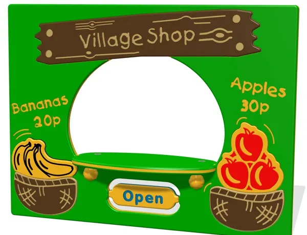 village shop themed play panel for child role play with tactile and maths play elements