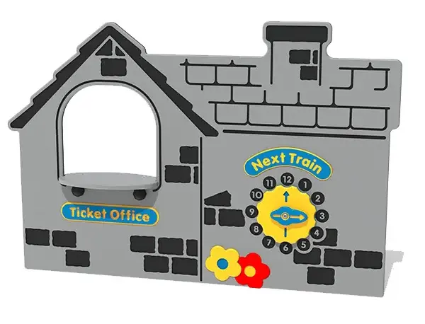 Train ticket office themed play panel for child role play with tactile number dial
