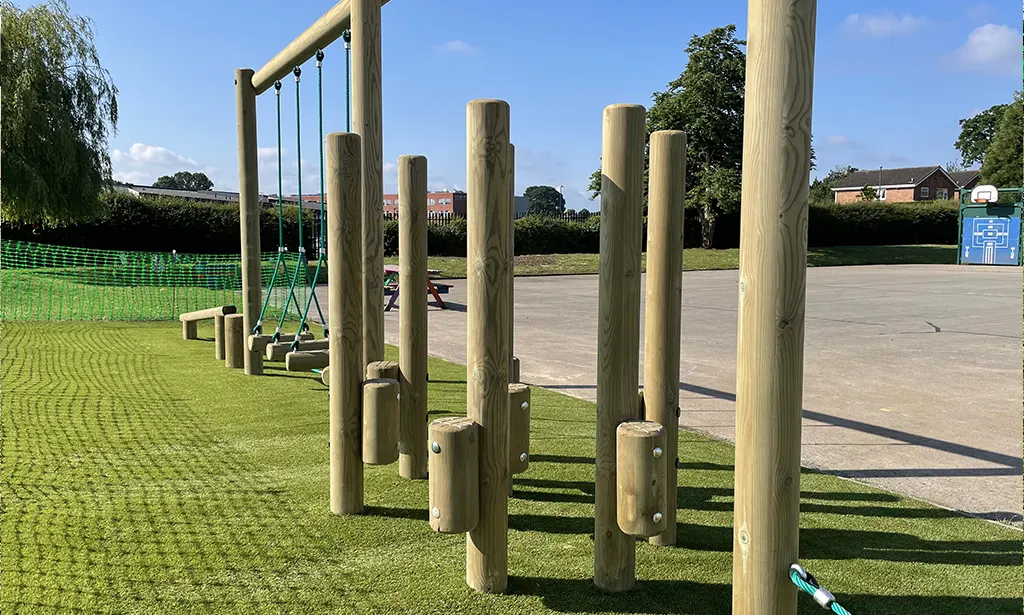 Wooden stepping logs on longer poles for support