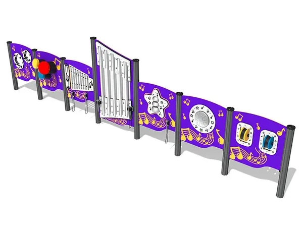 play panel combination with various chime, rotating and percussion play panels and central large xylophone