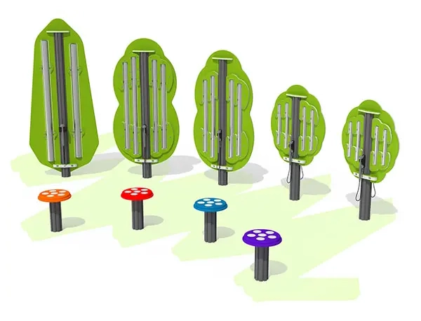 Music Play Panel combination of tree design chimes and toadstool percussion instruments