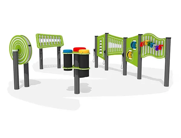 Musical play equipment combination with various chime play panels, rotating equipment and percussion stations