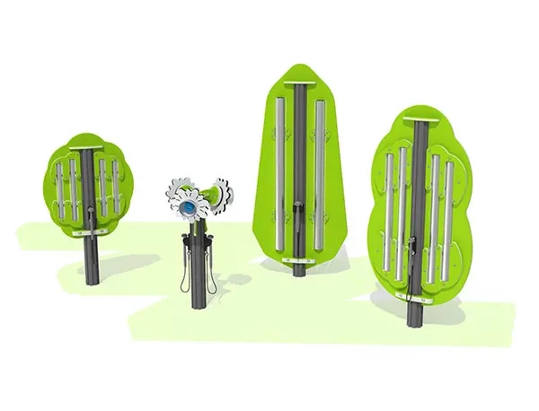 Musical play equipment combination with tree design chimes and rotating flower style equipment