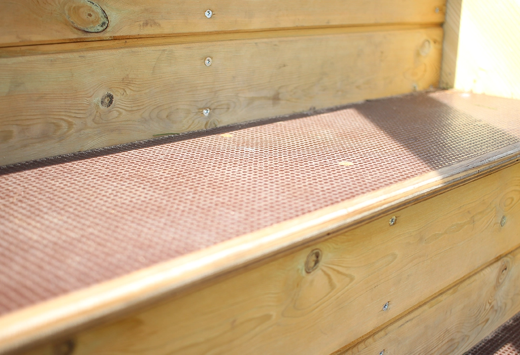 slip-proof textured surface on wooden play stairs
