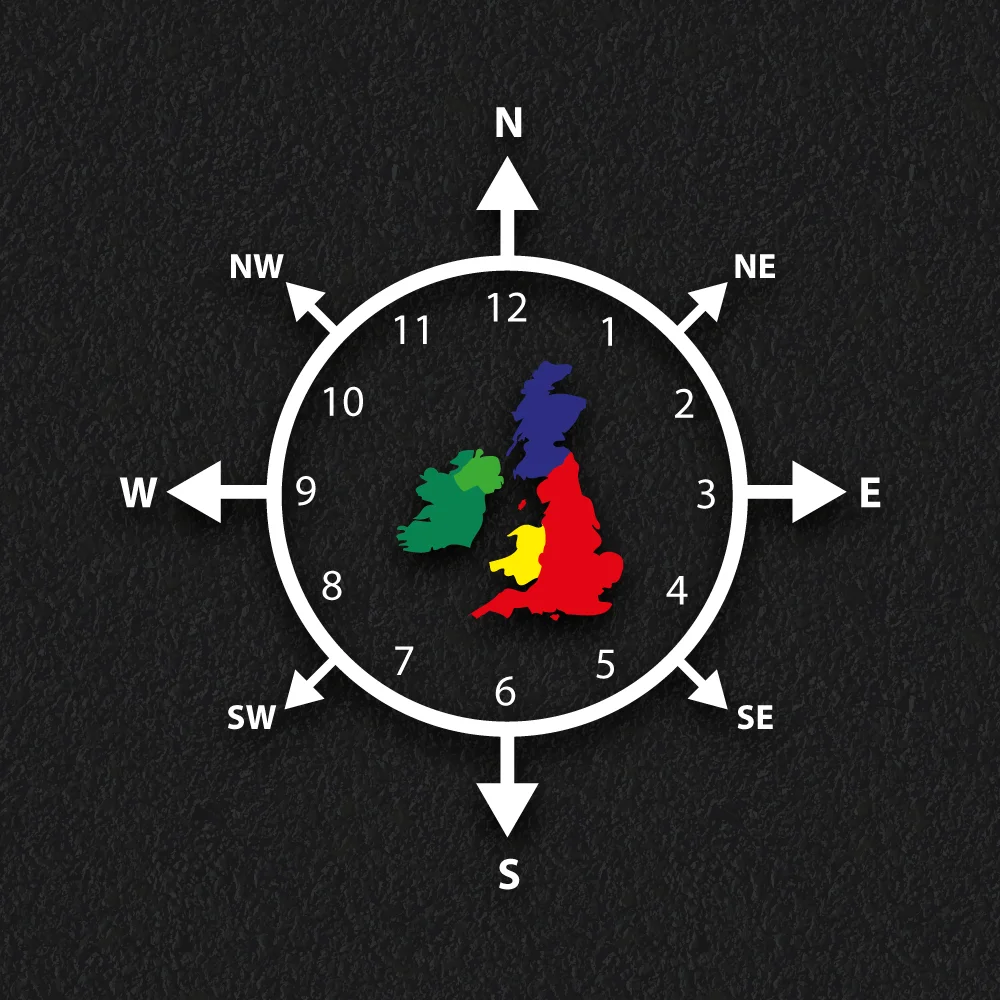 Playground Markings | Educational | Compass Clock UK Map 8 point compass, 12 hour clock, and UK map playground markings for schools