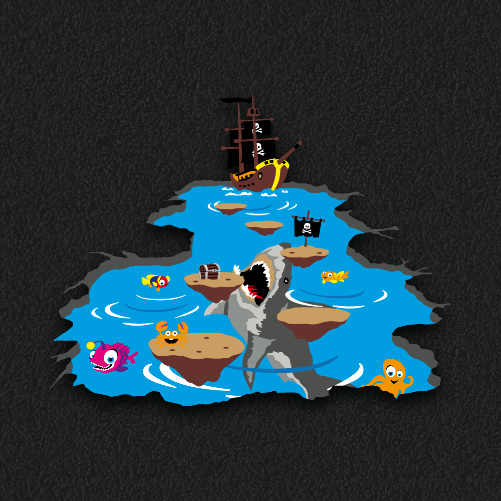 3D Game Markings island hopping underwater design with fish characters, pirate ship and shark