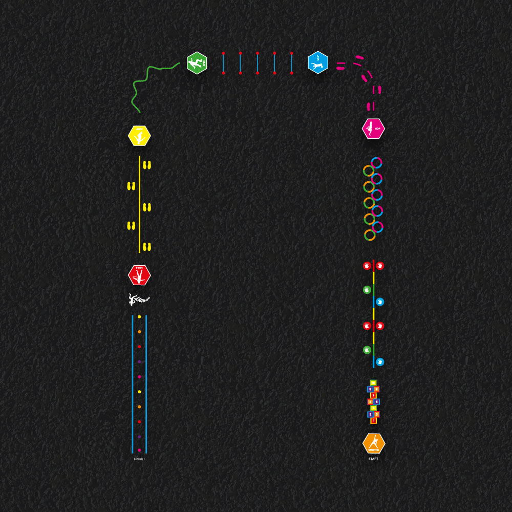 Activity play trail playground markings with multiple jumping, hopping and running challenges